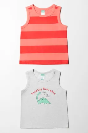 2 Pack Dino And Stripe Printed Vests Red & Grey