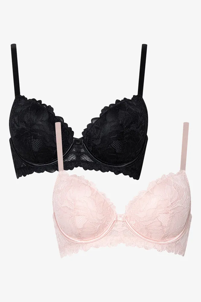 2 Pack Lace Balconette Bras Black & Pink