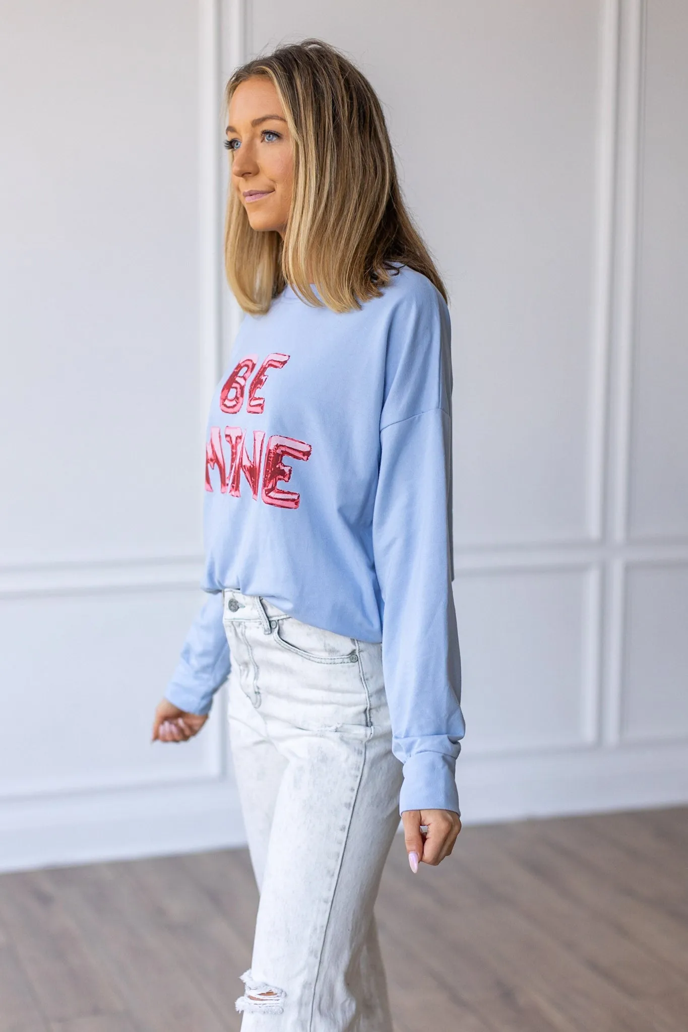 Be Mine Balloons on Light-Blue Crewneck Sweatshirt