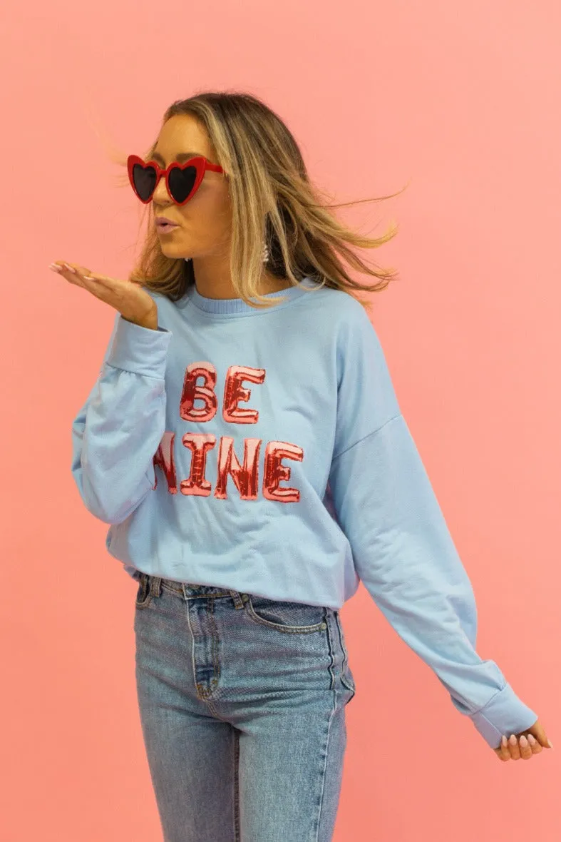 Be Mine Balloons on Light-Blue Crewneck Sweatshirt