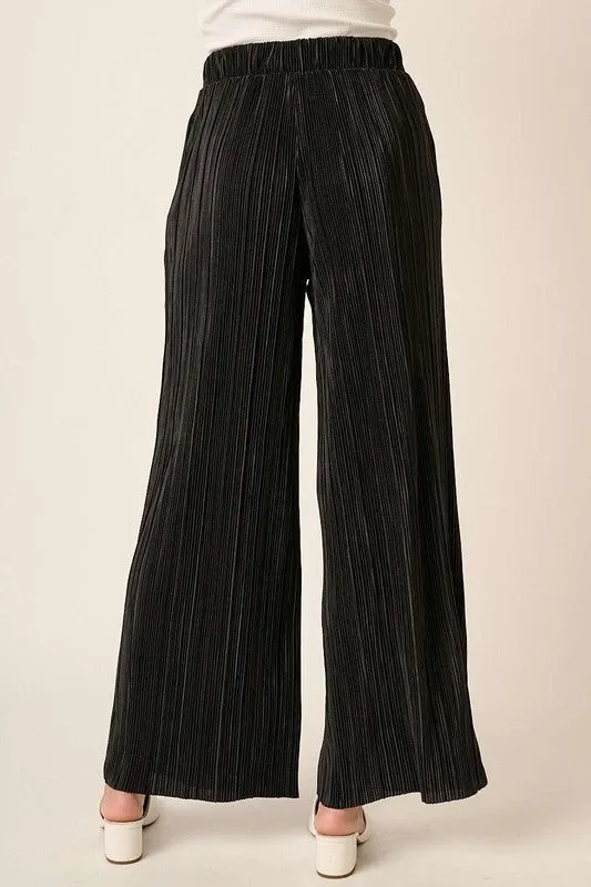 Black Pleated Satin Elastic Waist Wide Leg Pants