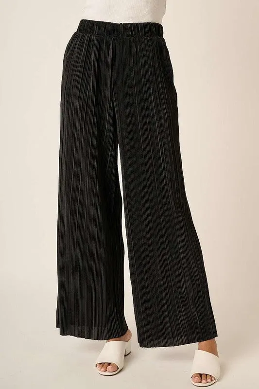 Black Pleated Satin Elastic Waist Wide Leg Pants