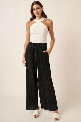 Black Pleated Satin Elastic Waist Wide Leg Pants