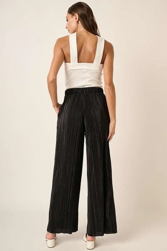 Black Pleated Satin Elastic Waist Wide Leg Pants