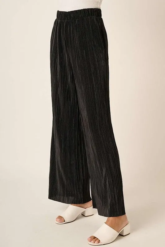 Black Pleated Satin Elastic Waist Wide Leg Pants