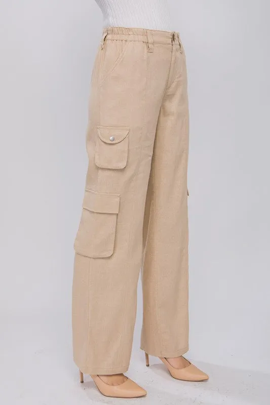 Khaki Linen Parachute Pants With Side Pockets