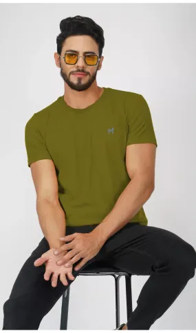 Mebadass Cotton Mens Basic Solid Halfsleeves T-shirts - Olive Green