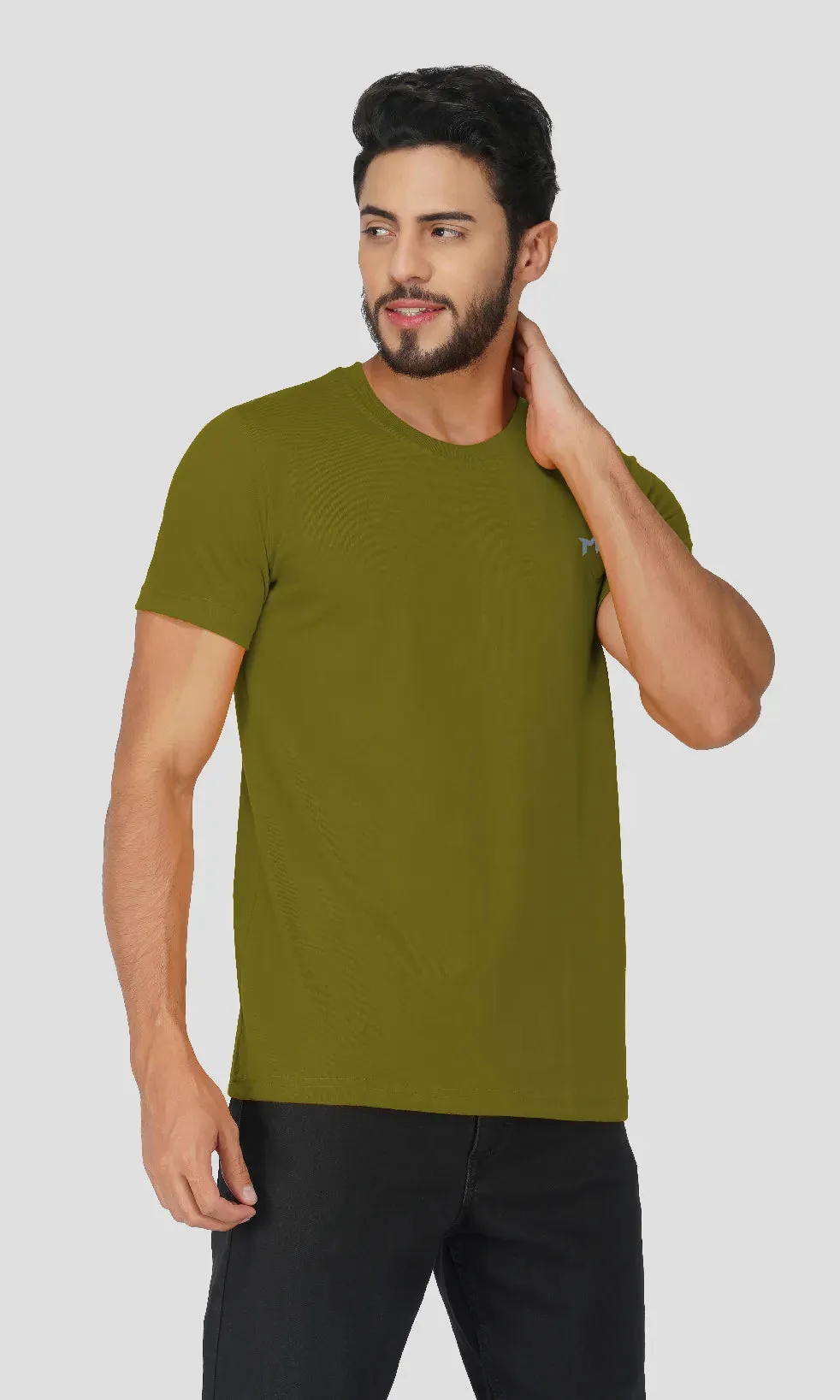 Mebadass Cotton Mens Basic Solid Halfsleeves T-shirts - Olive Green