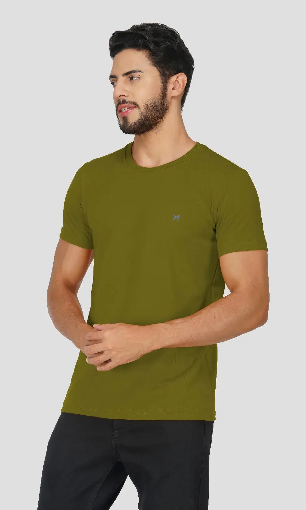 Mebadass Cotton Mens Basic Solid Halfsleeves T-shirts - Olive Green