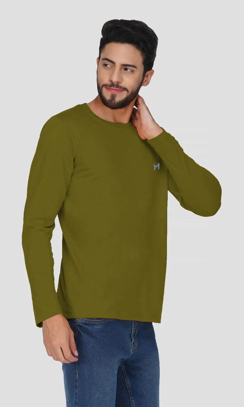 Mebadass Cotton Mens Fullsleeve Regular Size T-shirt - Olive Green