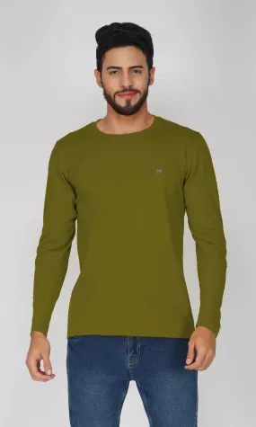 Mebadass Cotton Mens Fullsleeve Regular Size T-shirt - Olive Green