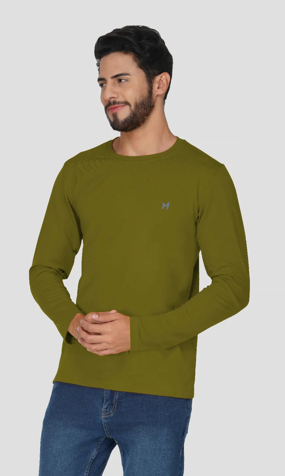 Mebadass Cotton Mens Fullsleeve Regular Size T-shirt - Olive Green