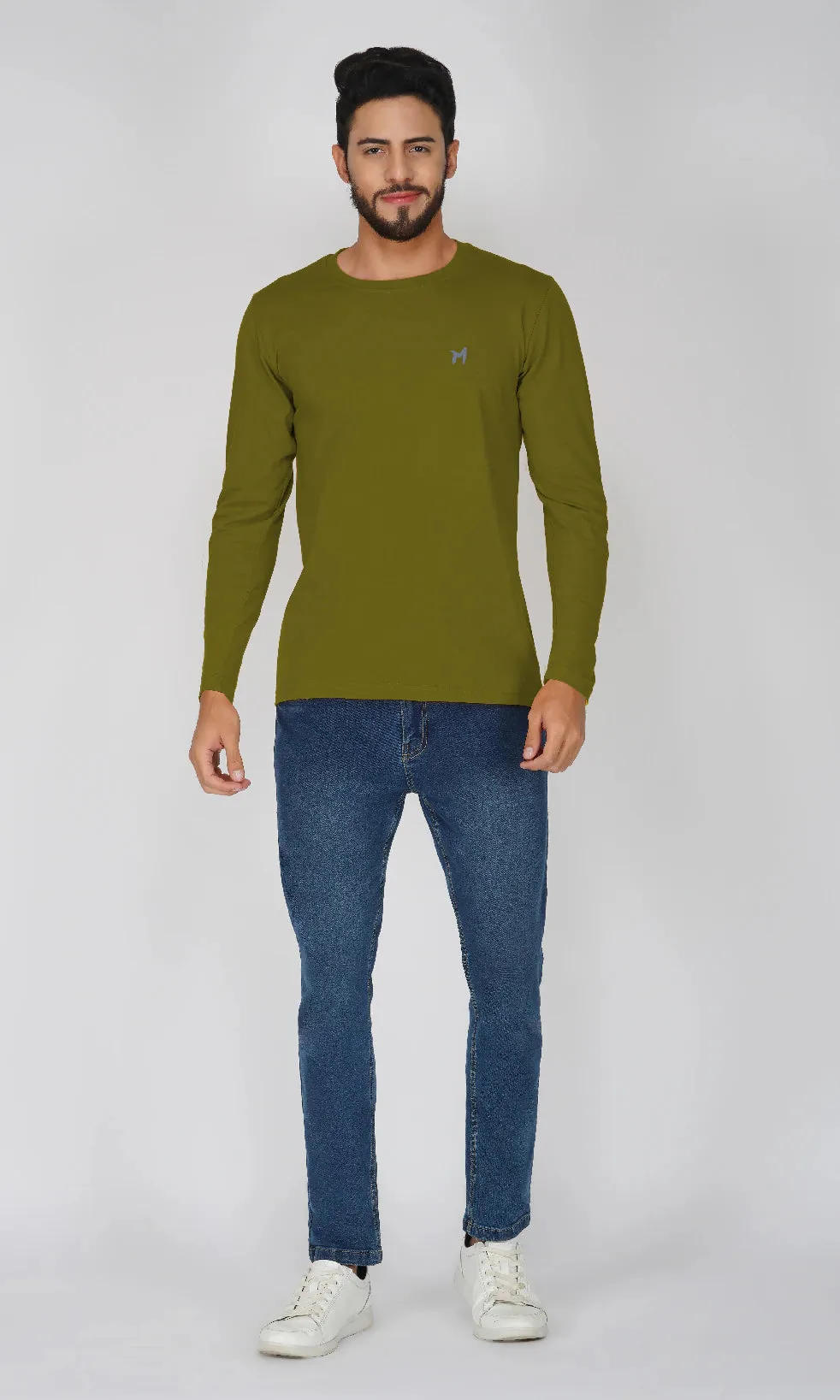 Mebadass Cotton Mens Fullsleeve Regular Size T-shirt - Olive Green