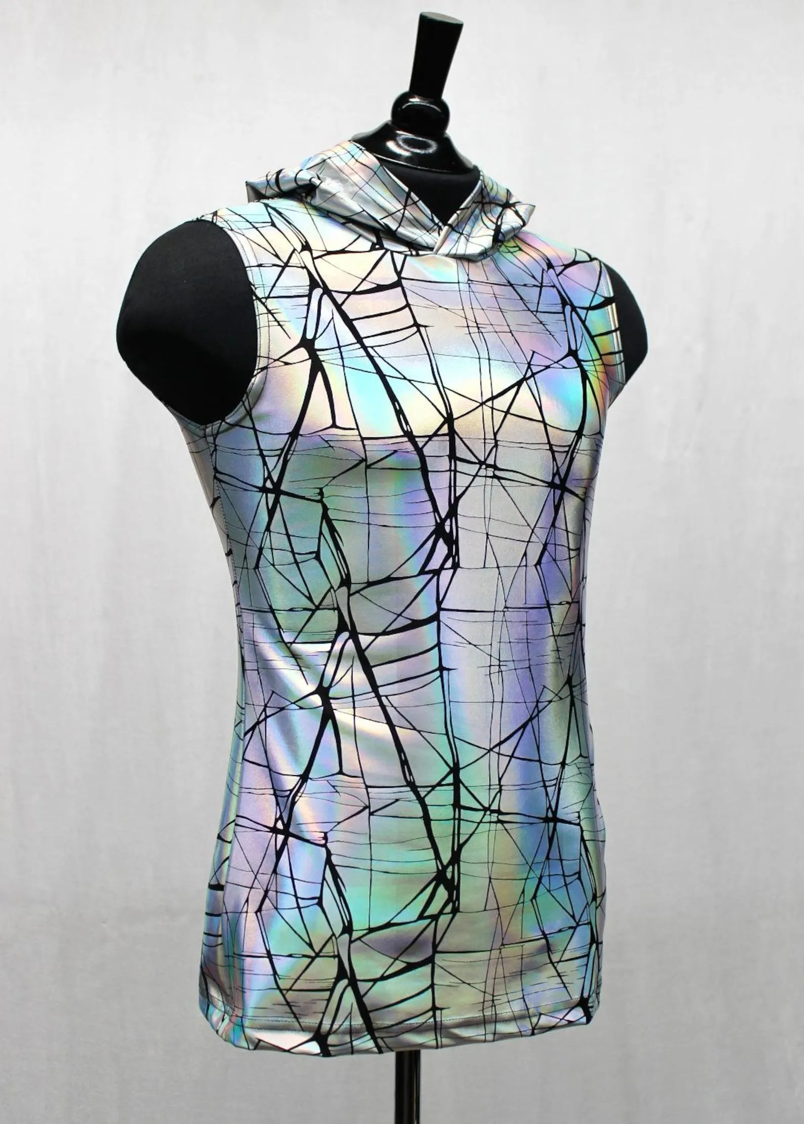 MEN'S HOODIE T - CRACKED HOLOGRAM FABRIC - WHITE