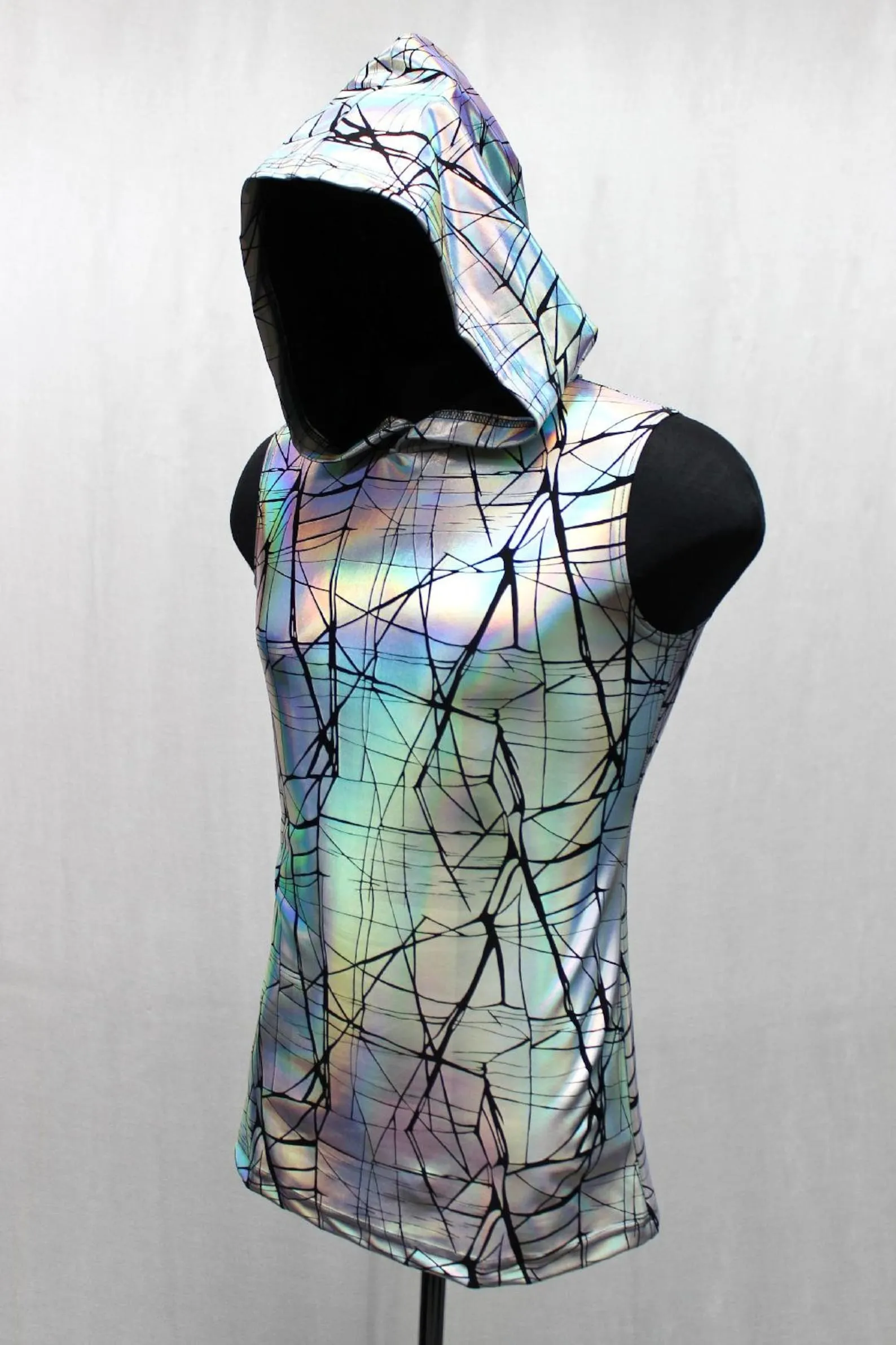 MEN'S HOODIE T - CRACKED HOLOGRAM FABRIC - WHITE