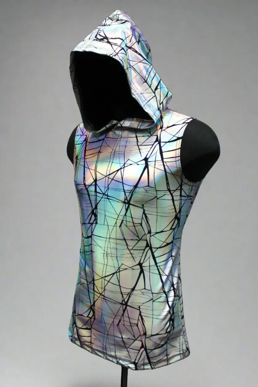 MEN'S HOODIE T - CRACKED HOLOGRAM FABRIC - WHITE