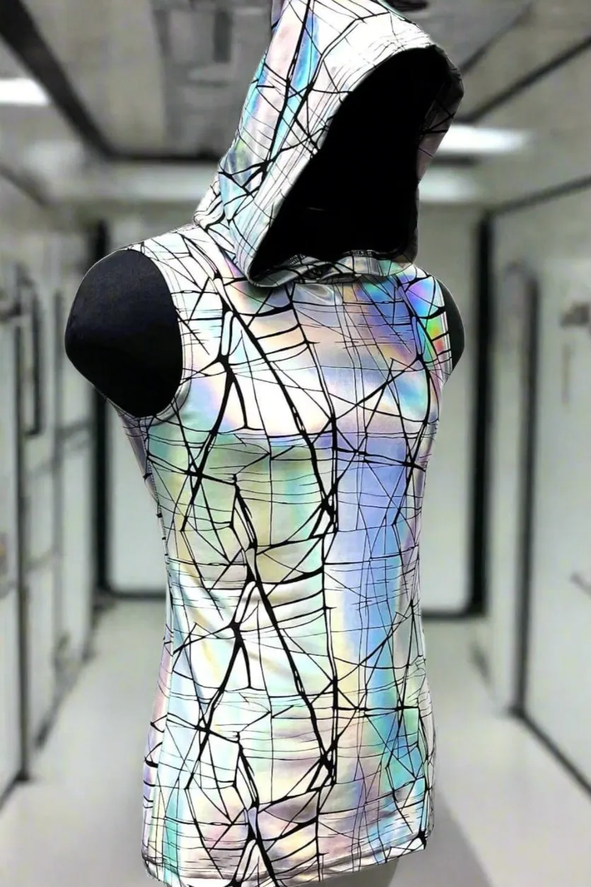 MEN'S HOODIE T - CRACKED HOLOGRAM FABRIC - WHITE