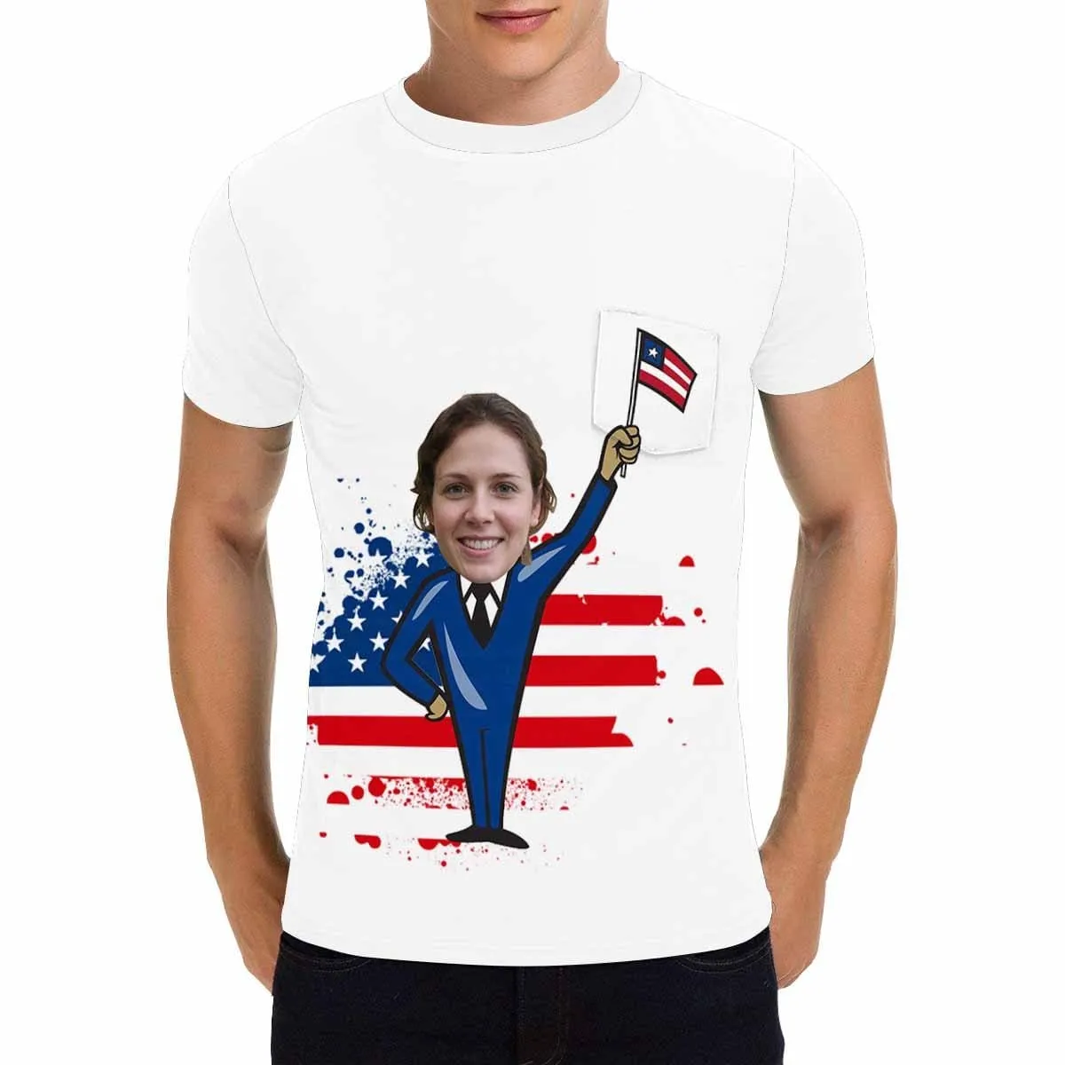 #Pocket T-shirt-Custom Shirts with Faces Shake National Flag Printed Personalized Face Tee for Him