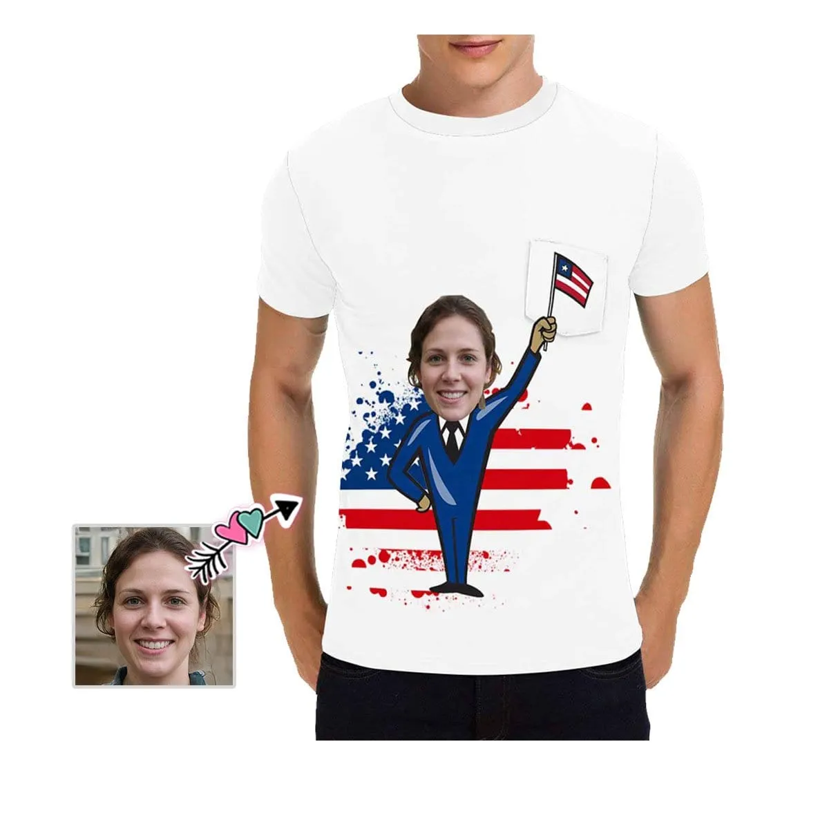 #Pocket T-shirt-Custom Shirts with Faces Shake National Flag Printed Personalized Face Tee for Him