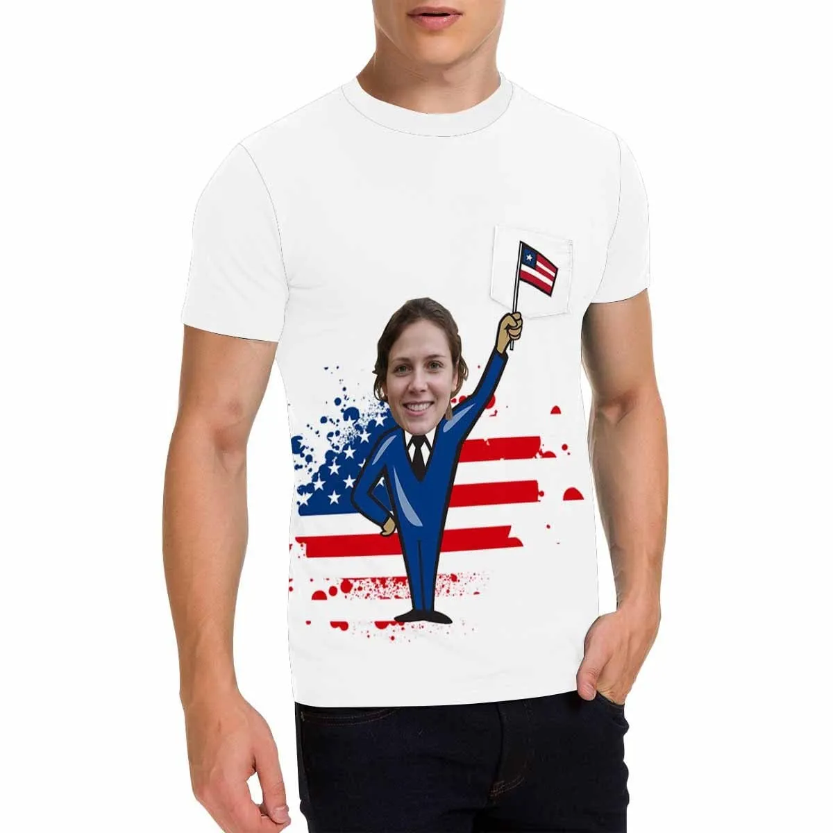 #Pocket T-shirt-Custom Shirts with Faces Shake National Flag Printed Personalized Face Tee for Him