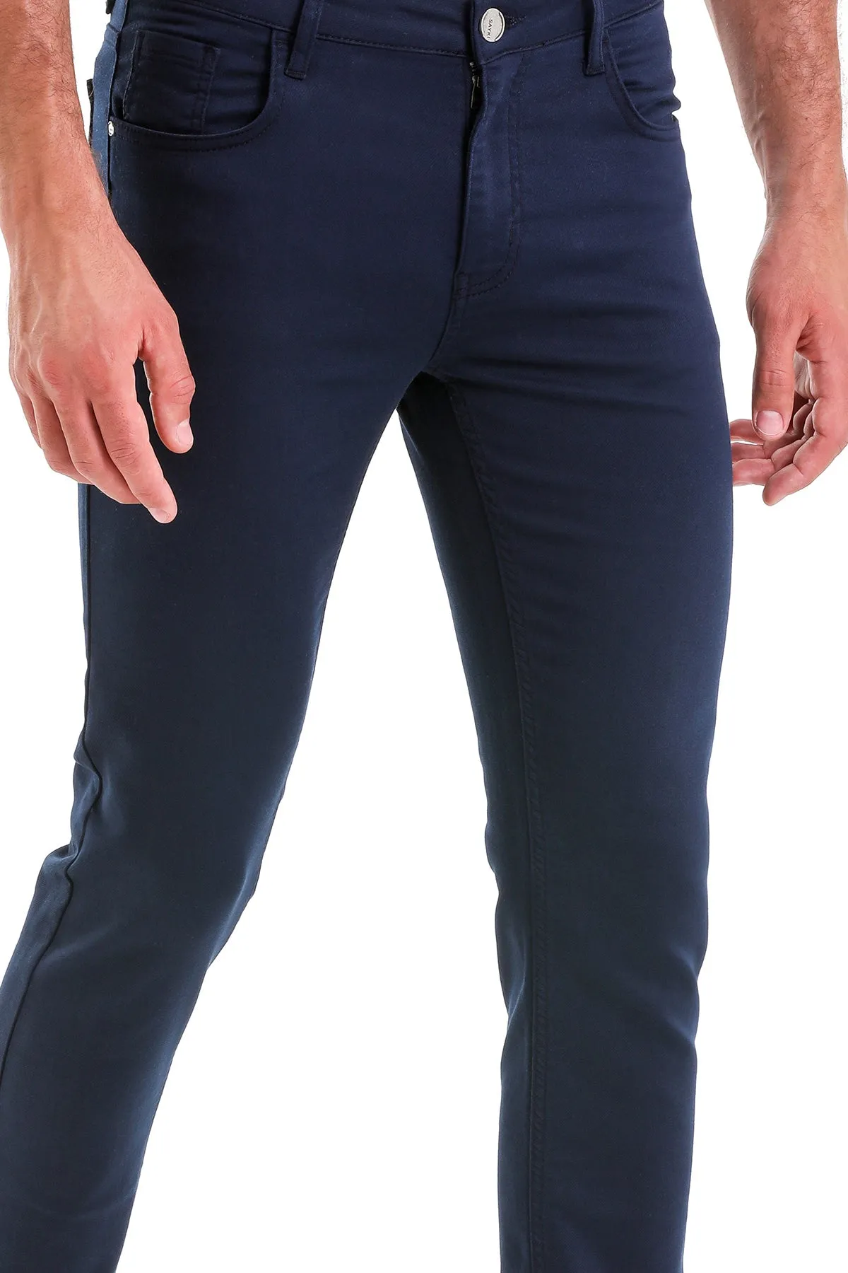 Slim Fit Low Waist Navy Cotton Casual Pants