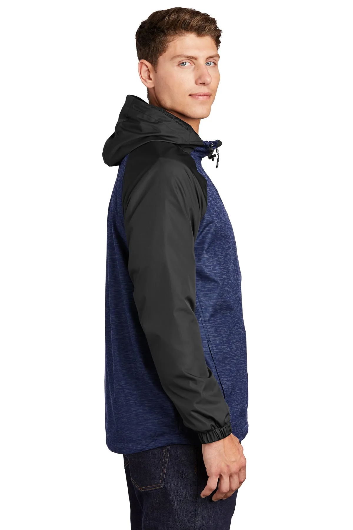 Sport-Tek Heather Colorblock Custom Raglan Hooded Wind Jackets, True Royal Heather/ Black