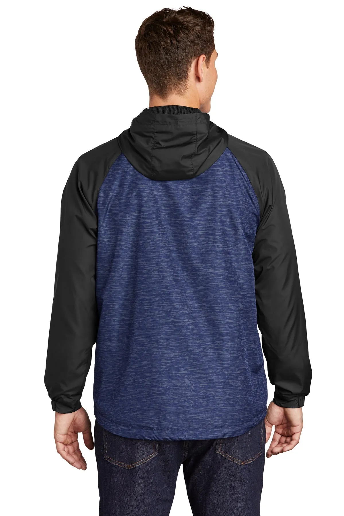 Sport-Tek Heather Colorblock Custom Raglan Hooded Wind Jackets, True Royal Heather/ Black