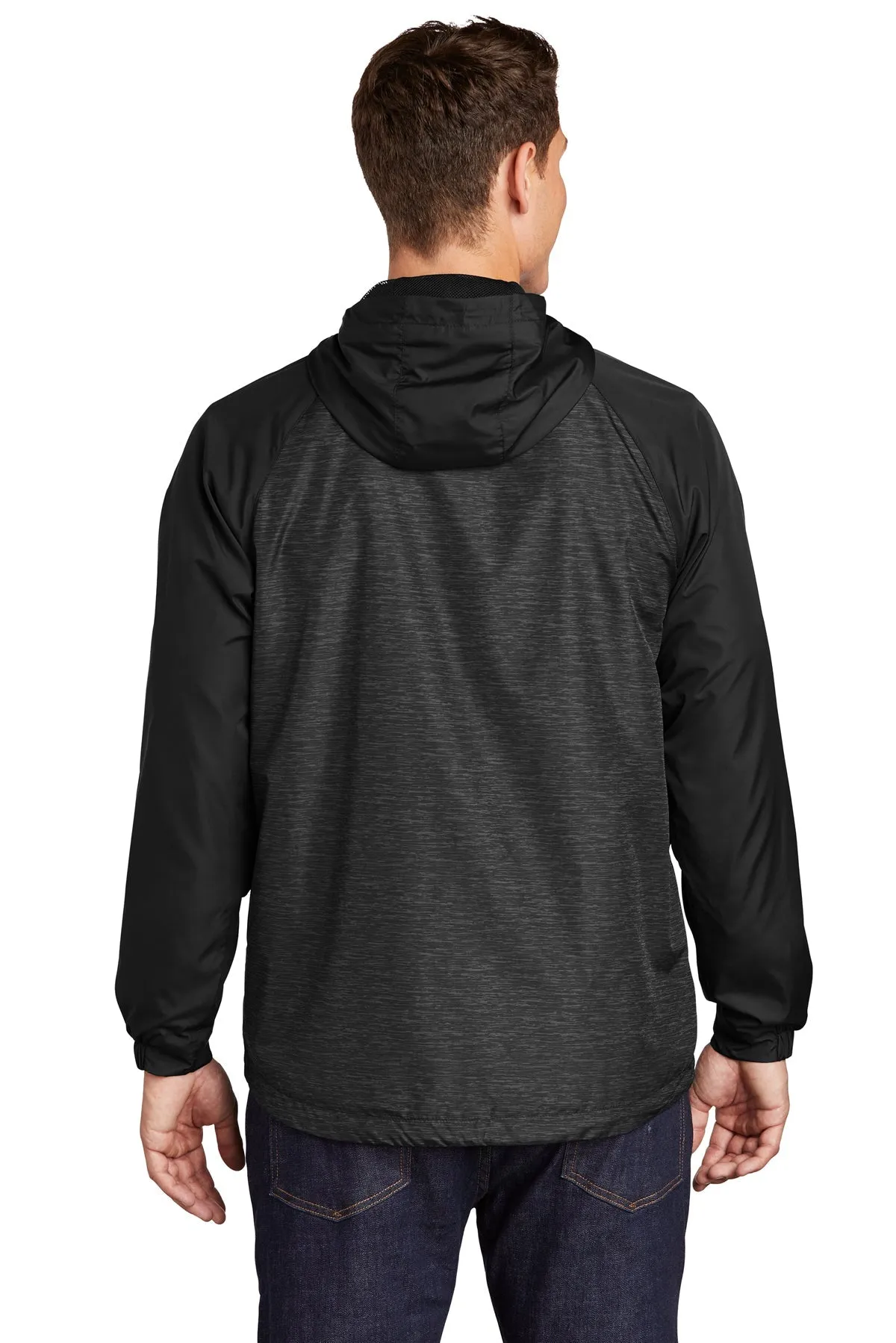 Sport-Tek Heather Colorblock Customized Raglan Hooded Wind Jackets, Black Heather/ Black