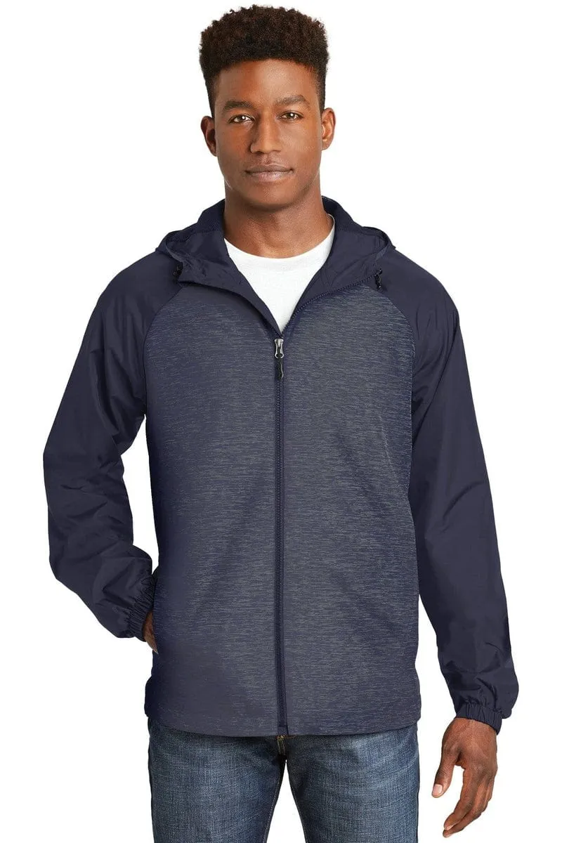 Sport-Tek JST40: Heather Colorblock Raglan Hooded Wind Jacket