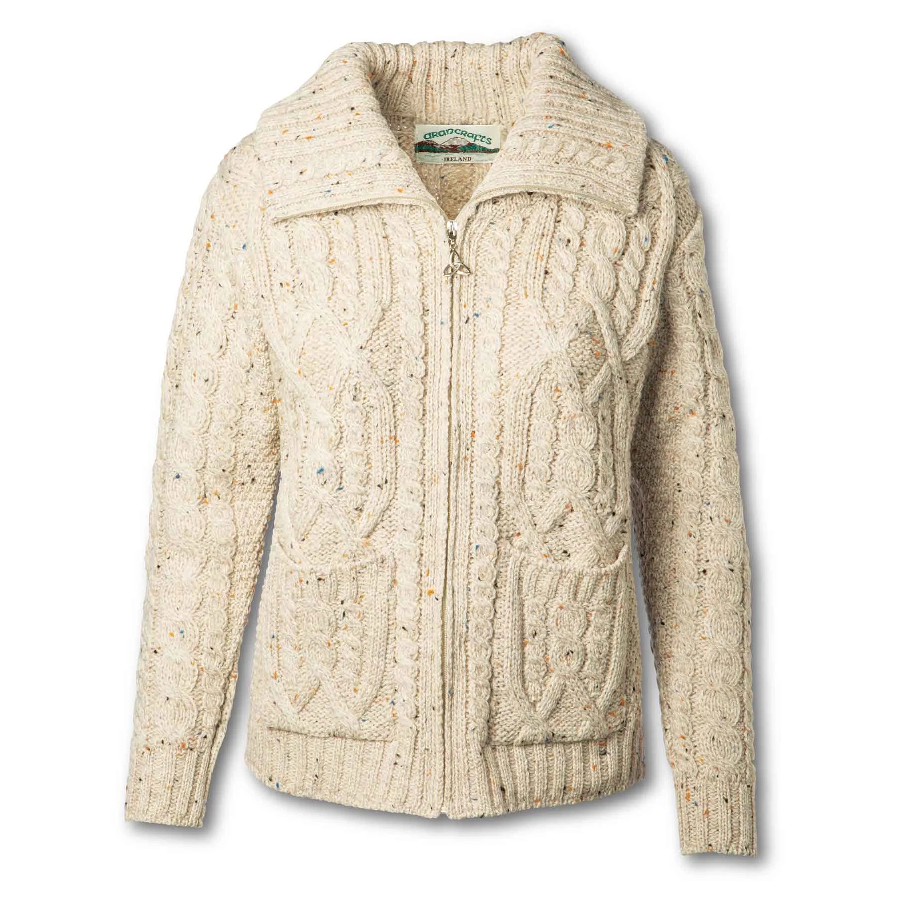 Zip Up Irish Aran Knit Cardigan- Oatmeal